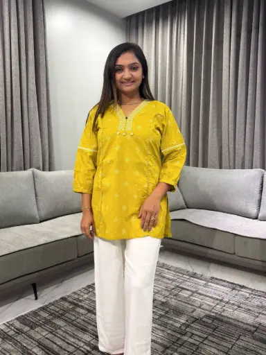 [2552] Mustard Yellow Bandhani Print Cotton Tunic