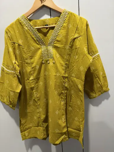[2552] Mustard Yellow Bandhani Print Cotton Tunic