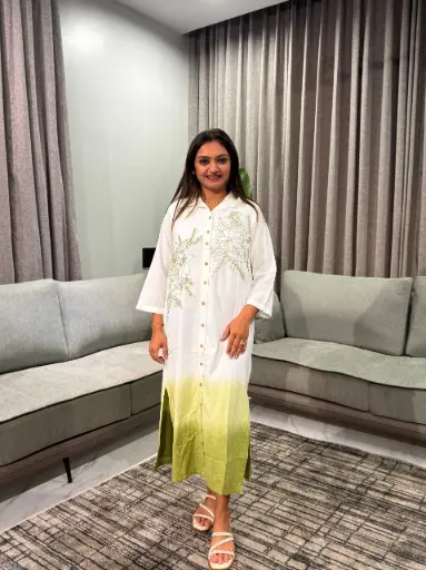 [2555] White & Sage Green Ombré Floral Shirt Dress