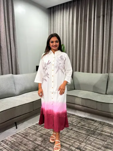 [2556] White & Magenta Pink Ombré Floral Shirt Dress