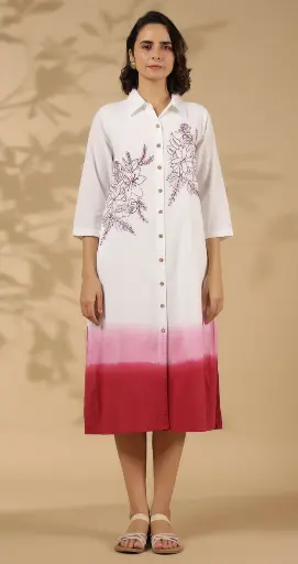 [2556] White & Magenta Pink Ombré Floral Shirt Dress