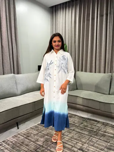 [2557] White & Indigo Blue Ombré Floral Shirt Dress