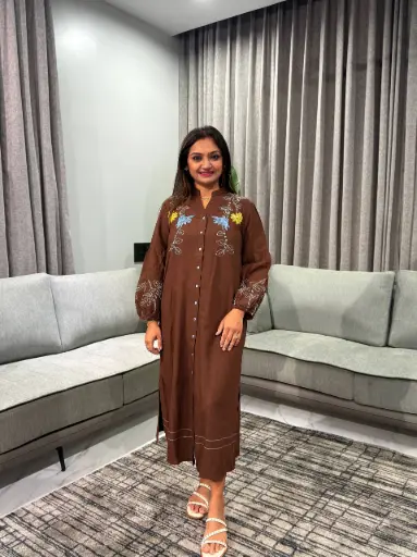[2558] Chocolate Brown Floral Embroidered Long Cotton Dress