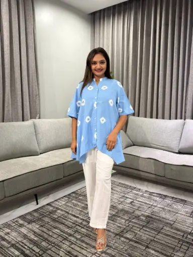 [2559] Sky Blue Shibori Print High-Low Cotton Co-Ord Set