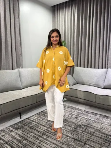 [2560] Mustard Yellow Shibori Print High-Low Cotton Co-Ord Set