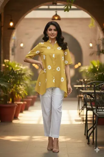 [2560] Mustard Yellow Shibori Print High-Low Cotton Co-Ord Set