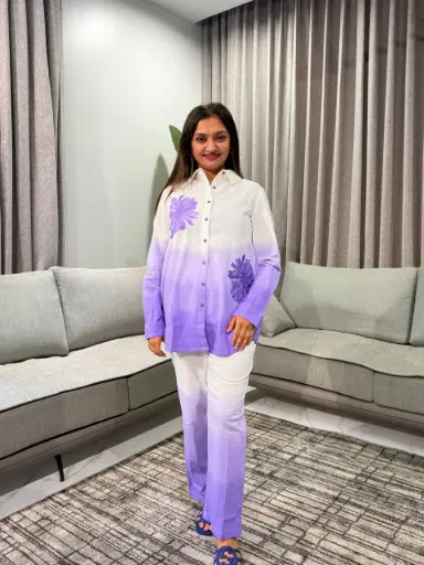 [2563] Purple Ombré Floral Embroidered Cotton Co-Ord Set