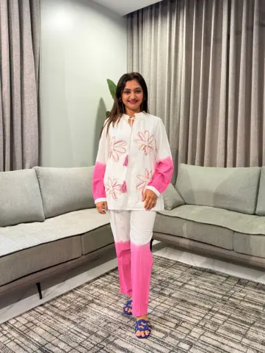 [2564] Pink Dip-Dye Floral Embroidered Cotton Co-Ord Set