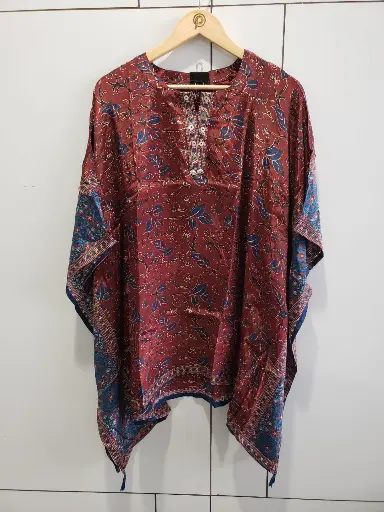 [2566] Maroon Floral Heritage Crepe Kaftan Top