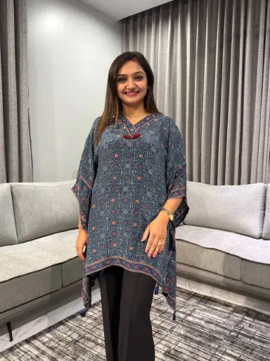 [2569] Indigo Blue Ajrakh Printed Natural Crepe Kaftan Top