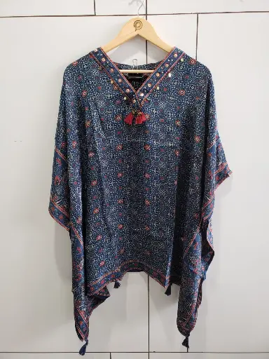 [2569] Indigo Blue Ajrakh Printed Natural Crepe Kaftan Top
