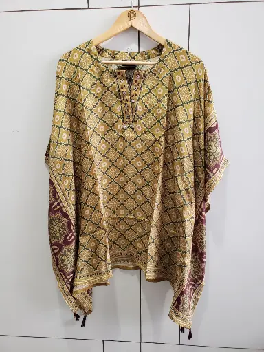 [2570] Mustard Yellow Geometric Natural Crepe Kaftan Top