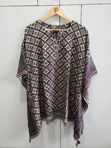 [2571] Beige & Indigo Geometric Natural Crepe Kaftan Top