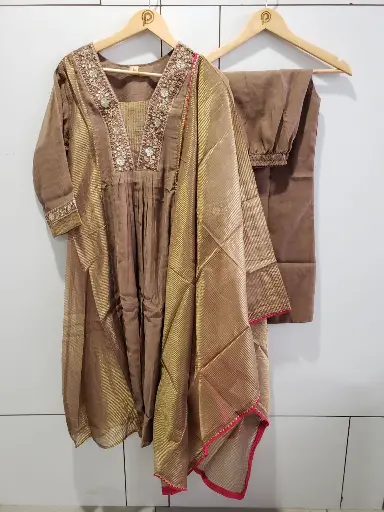[2574] Mocha Gold Crush Tissue Embellished 3-Piece Kurta Set