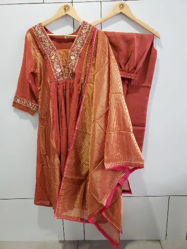 [2575] Rust Orange Crush Tissue Embroidered Kurta Set with Dupatta