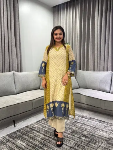 [2579] Mustard & Cream Mull Chanderi Lotus Print Kurta Set