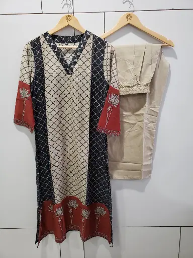 [2580] Black & Beige Mull Chanderi Lotus Print Kurta Set