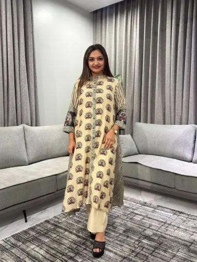 [2582] Beige & Rust Red Peacock Motif Viscose Muslin Kurta Set