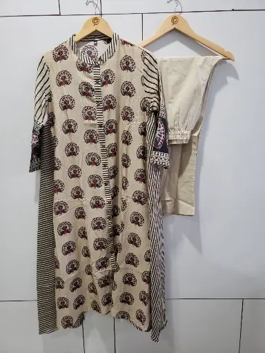 [2582] Beige & Rust Red Peacock Motif Viscose Muslin Kurta Set