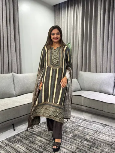 [2583] Charcoal Brown Striped Viscose Muslin Kurta Set with Dupatta