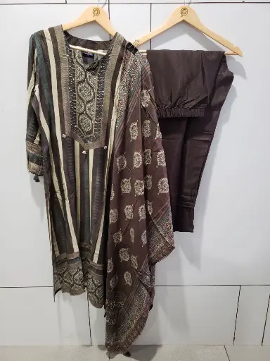 [2583] Charcoal Brown Striped Viscose Muslin Kurta Set with Dupatta
