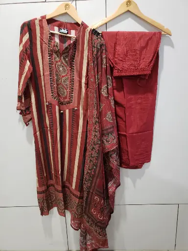 [2584] Rust Red & Beige Striped Viscose Muslin Kurta Set with Dupatta