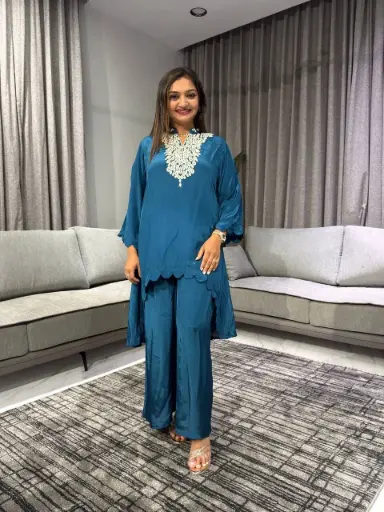 [2586] Royal Blue Pure HO Silk Embroidered Co-Ord Set