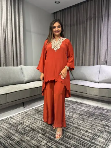 [2587] Sunset Orange Pure HO Silk Co-Ord Set