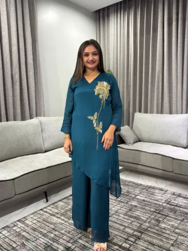 [2590] Teal Green Pure Chinon Co-Ord Set