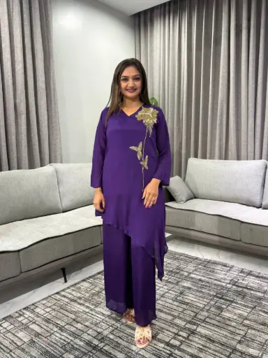 [2591] Violet Pure Chinon Co-Ord Set