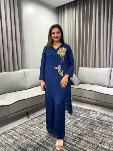 [2592] Navy Blue Pure Chinon Co-Ord Set