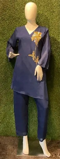[2592] Navy Blue Pure Chinon Co-Ord Set