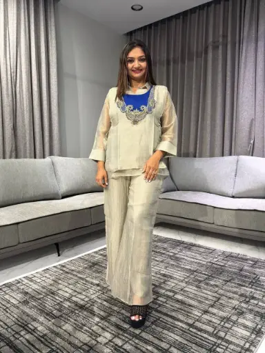 [2593] Champagne Beige Pure Shimmer Three-Piece Co-Ord Set