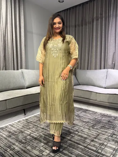 [2594] Olive Gold Pure Glass Tissue Kurta Set