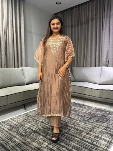 [2595] Mocha Brown Pure Glass Tissue Kurta Set
