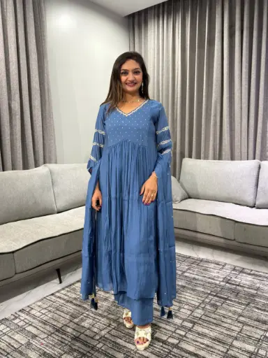 [2596] Sapphire Blue Pure Mull Chanderi 3-Piece Kurta Set