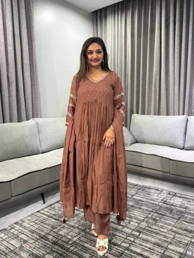 [2597] Coffee Brown Pure Mull Chanderi 3-Piece Kurta Set