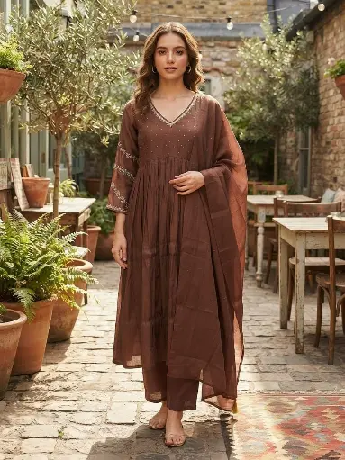 [2597] Coffee Brown Pure Mull Chanderi 3-Piece Kurta Set