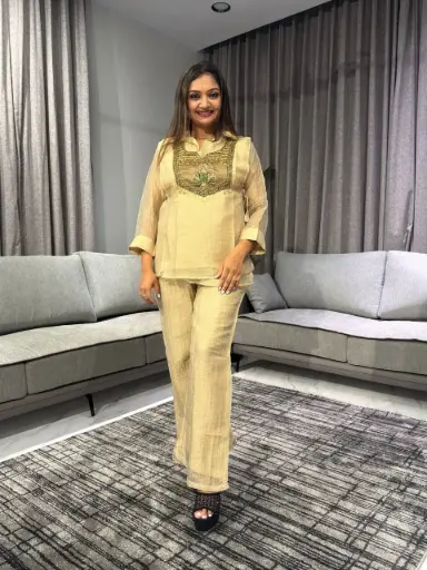 [2598] Champagne Gold Pure Shimmer Three-Piece Co-Ord Set