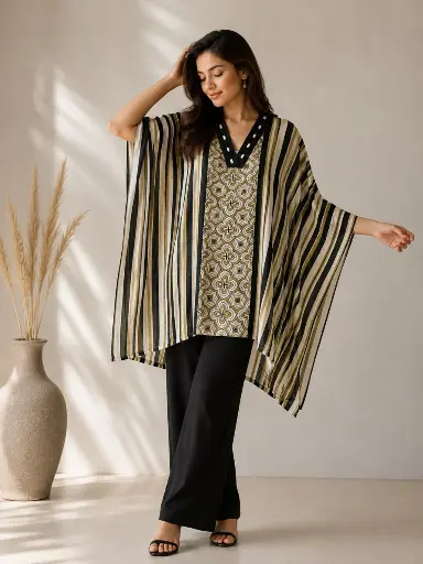 [2604] Monochrome Elegance Premium Modal Silk Kaftan