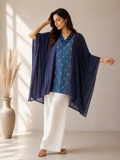 [2605] Midnight Azure Modal Silk Kaftan Tunic