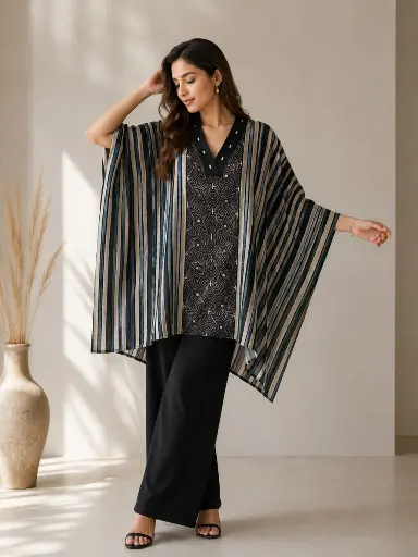 [2606] Monochrome Elegance Modal Silk Kaftan Tunic