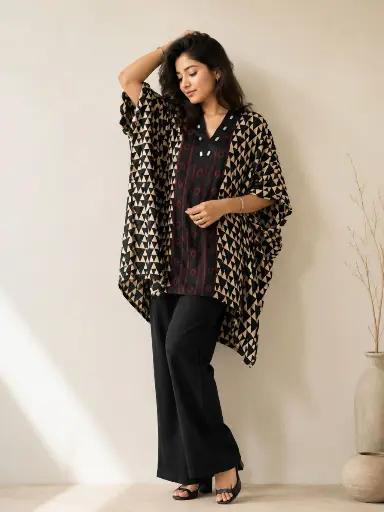 [2609] Tribal Grace Modal Silk Kaftan Tunic