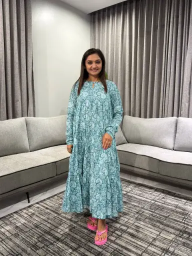 [2610] Firozi Paisley Printed Pure Cotton Anarkali Kurta