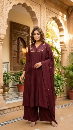 [2616] Wine Blossom Premium Soft Chinon Kurta Set