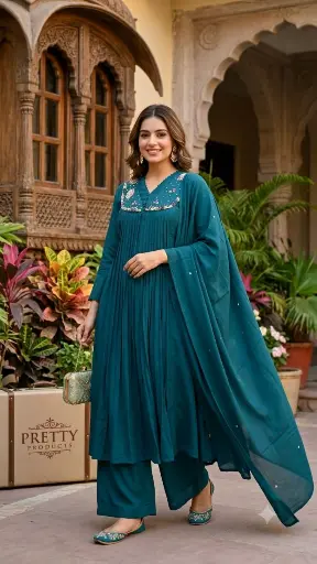 [2617] Emerald Grace Premium Chinon Pleated Kurta Set