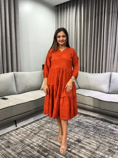 [2620] Rust Blossom Premium Cotton Tiered Dress