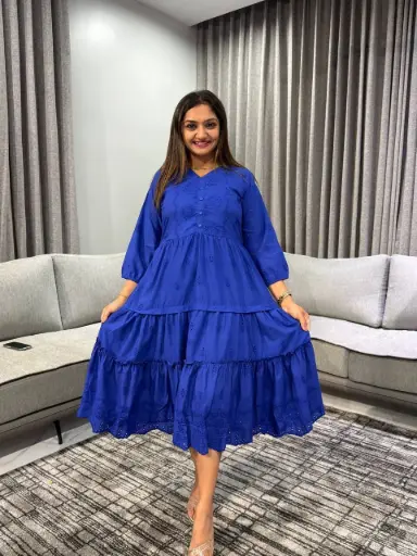 [2621] Royal Blue Premium Cotton Tiered Dress