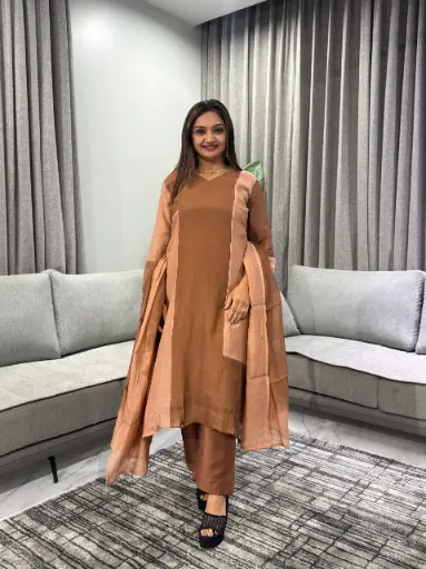 [2624] Mocha Glow Banarasi Mull Chanderi Kurta Set