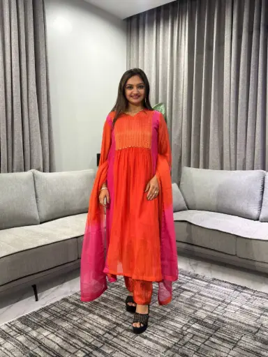 [2627] Pink Ombré Floral Embroidered Cotton Kurta Set